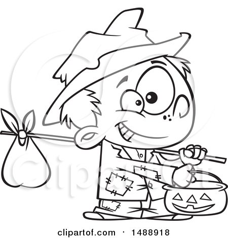 Clipart of a Cartoon Lineart Boy Trick or Treating on Halloween As a Hobo - Royalty Free Vector Illustration by toonaday