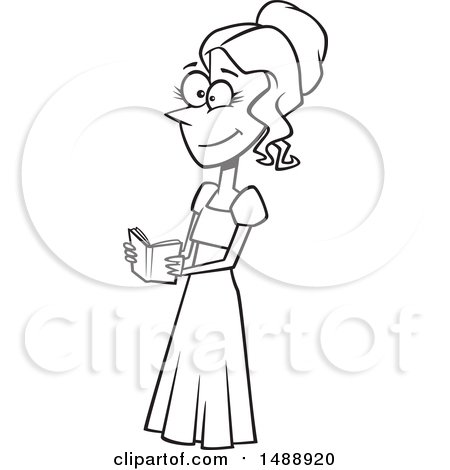 Clipart of a Cartoon Lineart Woman Reading a Book, Elizabeth from Pride and Prejudice - Royalty Free Vector Illustration by toonaday