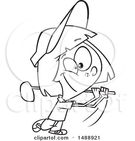 Clipart of a Cartoon Lineart Girl Golfing - Royalty Free Vector Illustration by toonaday