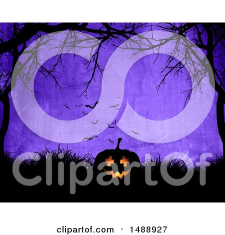 Clipart of a 3d Halloween Jackolantern Pumpkin on Grass, Framed by Trees over Purple - Royalty Free Illustration by KJ Pargeter
