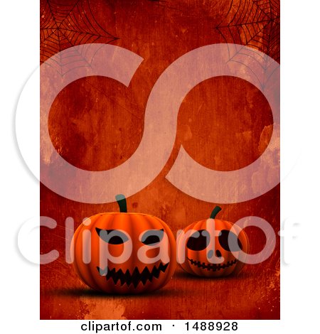 Clipart of a 3d Halloween Jackolantern Pumpkinand Grungy Background with Webs - Royalty Free Illustration by KJ Pargeter