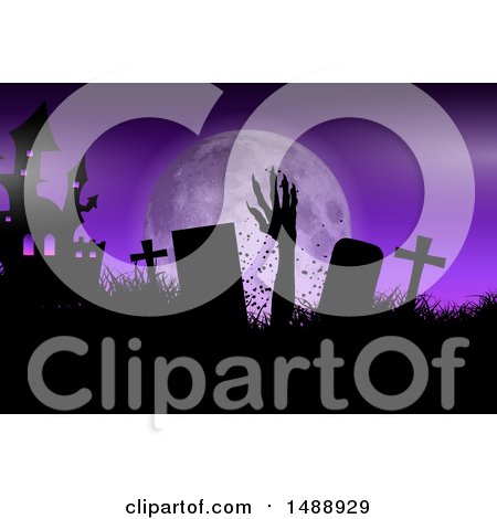 Clipart of a Rising Zombie Hand in a Cemetery on Purple - Royalty Free Vector Illustration by KJ Pargeter