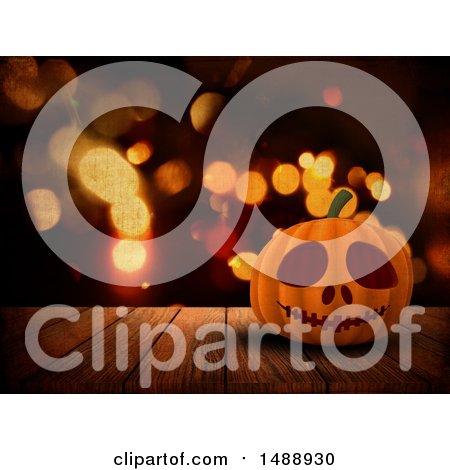 Clipart of a 3d Halloween Jackolantern Pumpkin on a Wood Surface - Royalty Free Illustration by KJ Pargeter