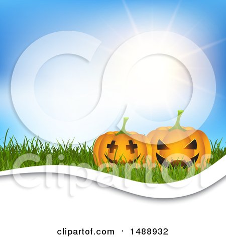 Clipart of a Sunny Sky and Halloween Jackolantern Pumpkins on Grass Background - Royalty Free Vector Illustration by KJ Pargeter