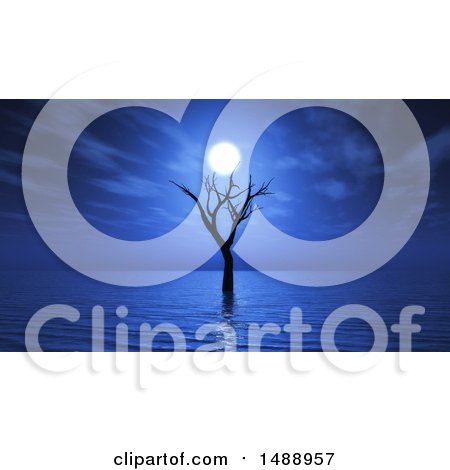 Clipart of a 3d Dead Tree in Water Under a Full Moon - Royalty Free Illustration by KJ Pargeter