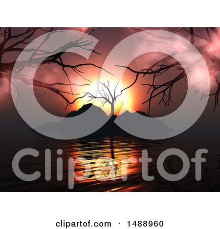 Clipart of a 3d Silhouetted Tree on an Island at Sunset - Royalty Free Illustration by KJ Pargeter