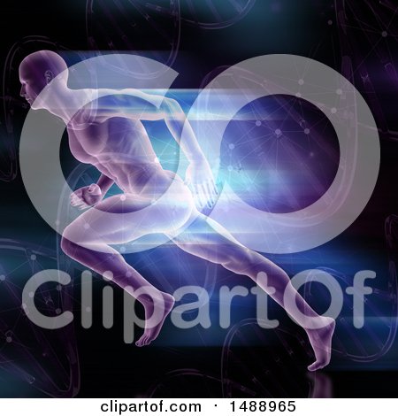 Clipart of a 3d Sprinting Male Athlete over Dna Strands - Royalty Free Illustration by KJ Pargeter