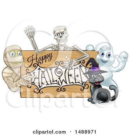 Clipart of a Happy Halloween Sign with a Witch Cat, Ghost, Skeleton and Mummy - Royalty Free Vector Illustration by AtStockIllustration