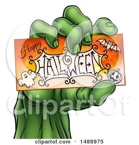 Clipart of a Green Zombie Hand Holding a Happy Halloween Card - Royalty Free Vector Illustration by AtStockIllustration