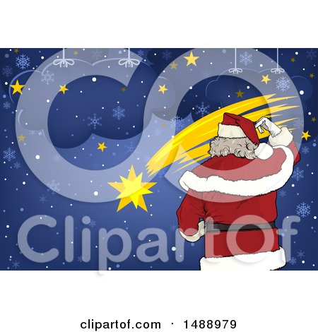 Clipart of a Rear View of Santa over Stars - Royalty Free Vector Illustration by dero