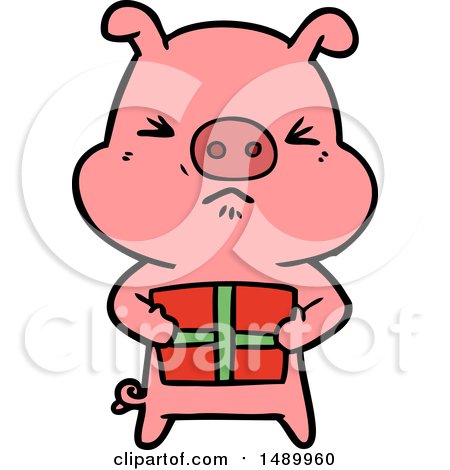 Clipart Cartoon Angry Pig with Christmas Present by lineartestpilot