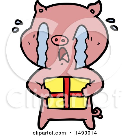 Clipart Crying Pig Cartoon Delivering Christmas Present by lineartestpilot