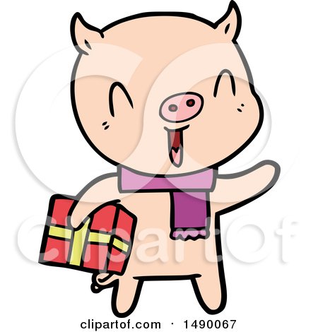 Clipart Happy Cartoon Pig with Xmas Present by lineartestpilot