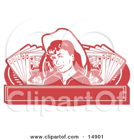Pretty Cowgirl With A Mole, Wearing A Hat And Standing Between Hands Of Playing Cards On A Red Banner Clipart Illustration by Andy Nortnik