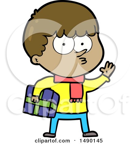 Clipart Cartoon Curious Boy Carrying a Gift by lineartestpilot