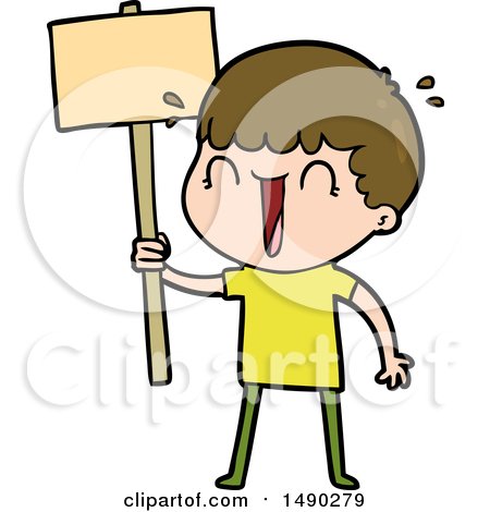 Clipart Laughing Cartoon Man Waving Placard by lineartestpilot