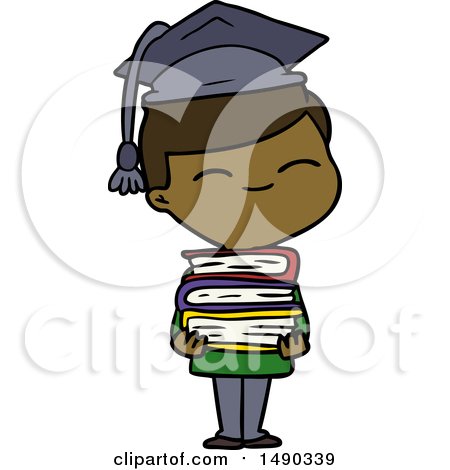 Clipart Cartoon Smiling Boy with Stack of Books by lineartestpilot