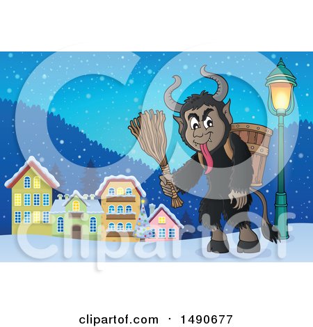 Clipart of a Demon Goat Man, Krampus, in a Town - Royalty Free Vector Illustration by visekart