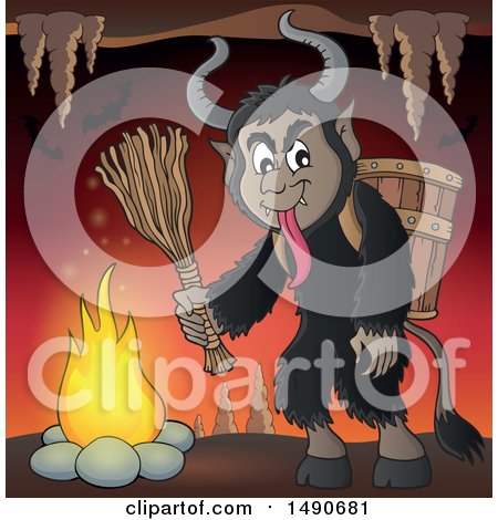 Clipart of a Demon Goat Man, Krampus, in a Cave - Royalty Free Vector Illustration by visekart