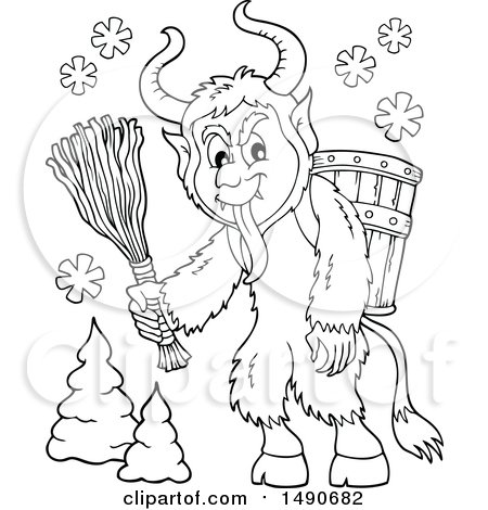 Clipart of a Black and White Demon Goat Man, Krampus - Royalty Free