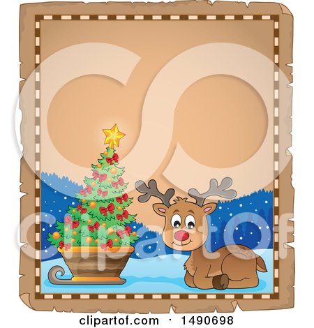 Clipart of a Parchment Frame with a Christmas Reindeer - Royalty Free Vector Illustration by visekart