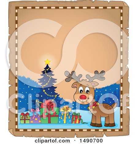 Clipart of a Parchment Frame with a Christmas Reindeer - Royalty Free Vector Illustration by visekart