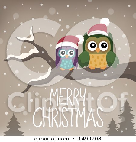 Clipart of a Pair of Owls on a Branch with Merry Christmas Text - Royalty Free Vector Illustration by visekart