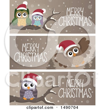 Clipart of Merry Christmas Banners with Owls - Royalty Free Vector Illustration by visekart