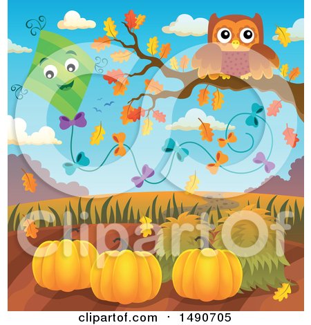 Clipart of a Kite by an Owl on an Autumn Branch - Royalty Free Vector Illustration by visekart