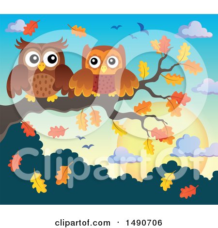 Clipart of a Pair of Owls on an Autumn Branch - Royalty Free Vector Illustration by visekart