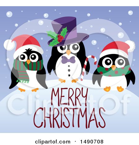 Clipart of a Merry Christmas Greeting with Penguins - Royalty Free Vector Illustration by visekart