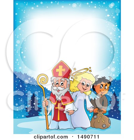 Clipart of a Border of Sinterklaas with an Angel and Krampus - Royalty Free Vector Illustration by visekart