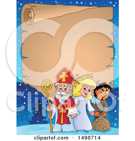 Clipart of a Parchment Scroll with Sinterklaas with an Angel and Krampus - Royalty Free Vector Illustration by visekart