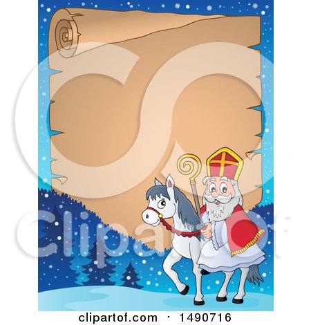 Clipart of a Parchment Scroll of Sinterklaas on a Horse - Royalty Free Vector Illustration by visekart