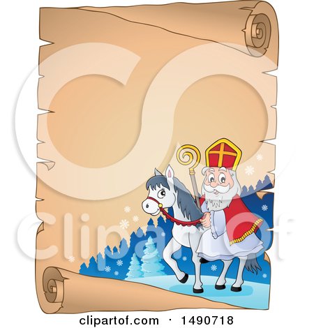 Clipart of a Parchment Scroll of Sinterklaas on a Horse - Royalty Free Vector Illustration by visekart