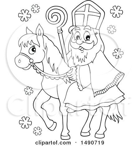 Clipart of Sinterklaas on a Horse, in Black and White - Royalty Free Vector Illustration by visekart