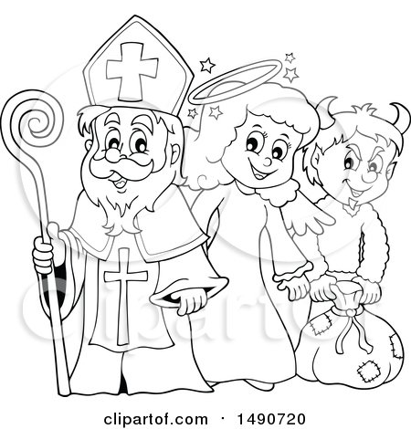 Clipart of Sinterklaas with an Angel and Krampus in Black and White - Royalty Free Vector Illustration by visekart