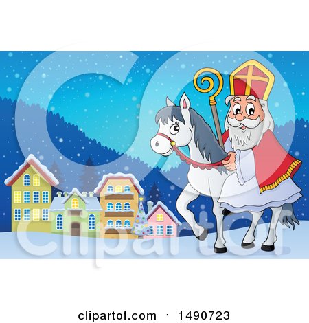 Clipart of Sinterklaas on a Horse in a Town - Royalty Free Vector Illustration by visekart