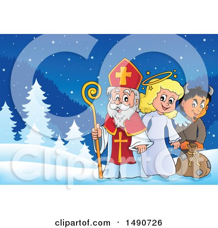 Clipart of Sinterklaas with an Angel and Krampus - Royalty Free Vector Illustration by visekart