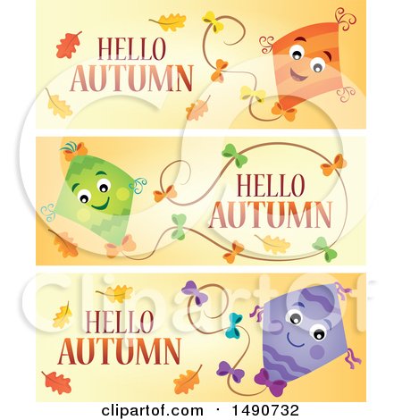 Clipart of Hello Autumn Greeting Banners with Kites - Royalty Free Vector Illustration by visekart