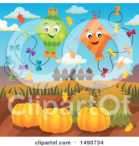 Clipart of a Pair of Kites over Autumn Pumpkins - Royalty Free Vector Illustration by visekart