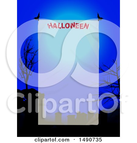 Semi Transparent Panel with Halloween Text over a Silhouetted Cemetery and Full Moon - Royalty Free Vector Illustration by elaineitalia