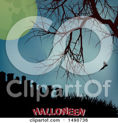 Silhouetted Bare Tree and Bat over a Cemetery with a Full Moon and Halloween Text - Royalty Free Vector Illustration by elaineitalia