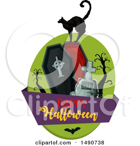 Clipart of a Black Cat on a Coffin with a Happy Halloween Banner - Royalty Free Vector Illustration by Vector Tradition SM