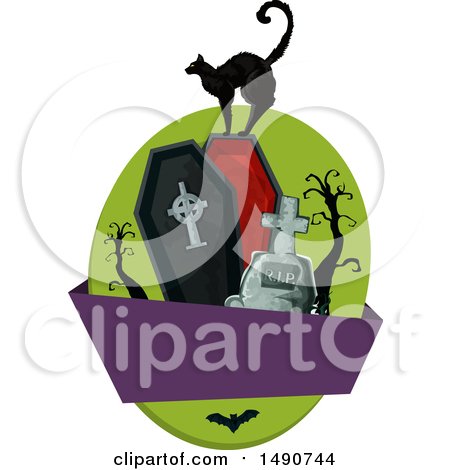 Clipart of a Black Cat on a Coffin with a Blank Banner - Royalty Free Vector Illustration by Vector Tradition SM