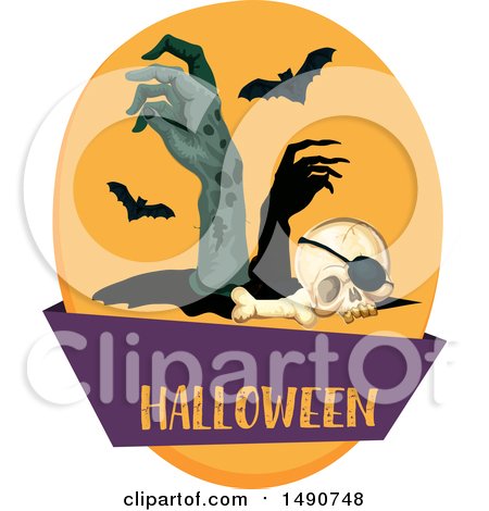 Clipart of a Human Skull with Zombie Hands and Bats over a Banner - Royalty Free Vector Illustration by Vector Tradition SM