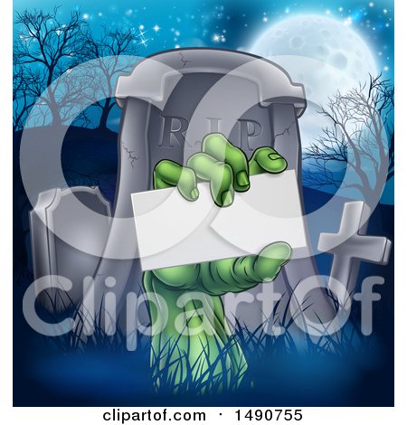 Clipart of a Rising Zombie Hand Holding a Blank Card in a Cemetery - Royalty Free Vector Illustration by AtStockIllustration