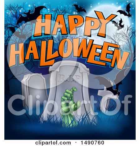 Clipart of a Rising Zombie Hand in a Cemetery, with Happy Halloween Text and Bats - Royalty Free Vector Illustration by AtStockIllustration
