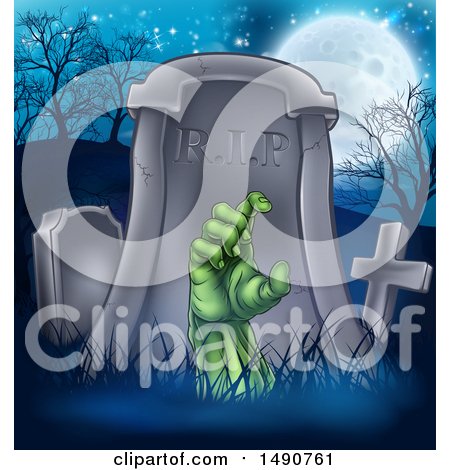 Clipart of a Rising Zombie Hand in a Cemetery - Royalty Free Vector Illustration by AtStockIllustration
