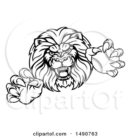 Clipart of a Black and White Tough Clawed Male Lion Monster Mascot Holding a Baseball Ball - Royalty Free Vector Illustration by AtStockIllustration